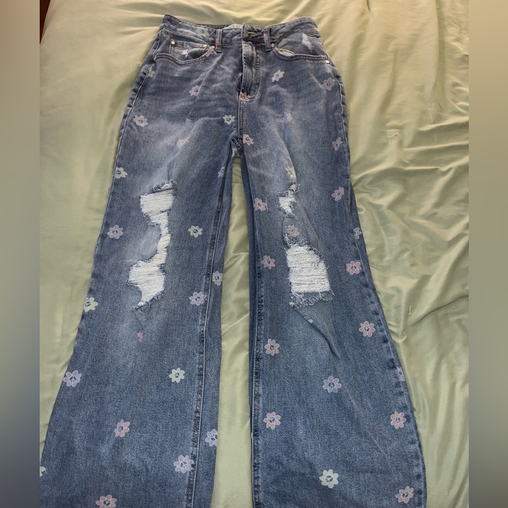 Fashion Nova Wide Leg Ripped Jeans with Flowers